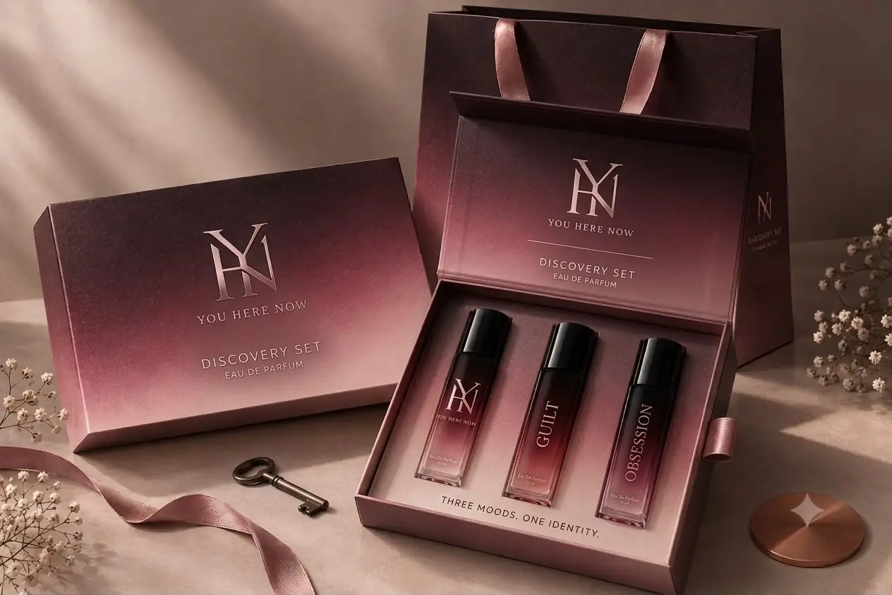 The Confession Edit discovery set packaging: a gradient box with three 10 ml bottles