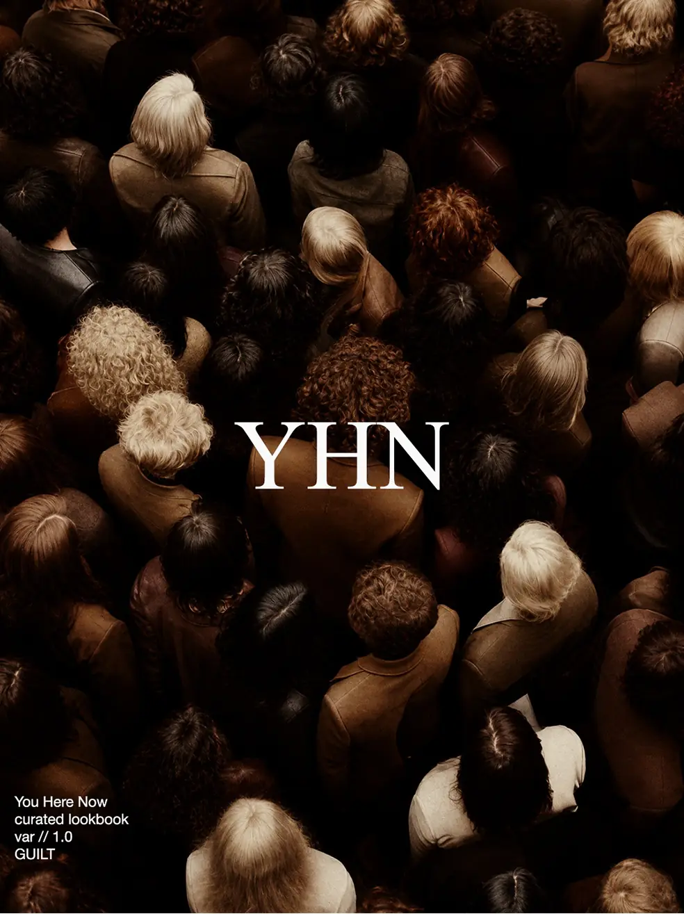 SS26 lookbook, Guilt: a dense crowd in brown coats seen from above, with YHN lettering
