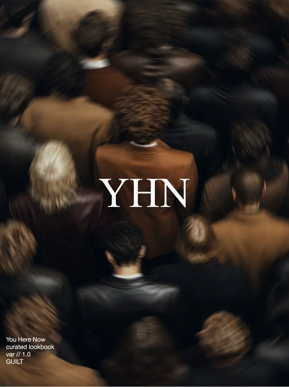 SS26 lookbook, Guilt: a crowd in brown and black coats seen from behind, with YHN lettering