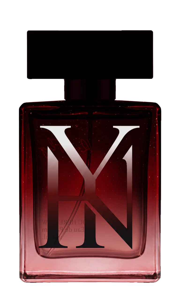 Red Flag Eau de Parfum, 100 ml bottle, back, showing the YHN monogram