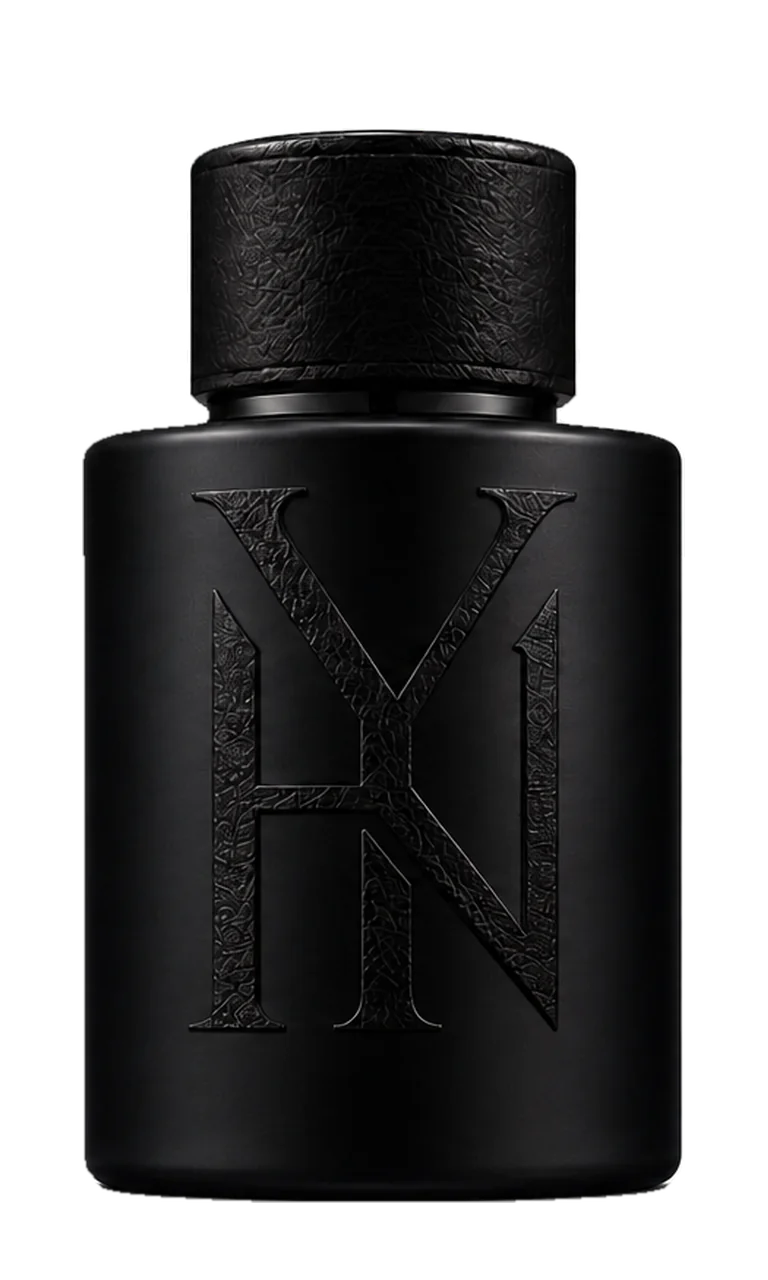 Regret Eau de Parfum, 100 ml bottle, back, showing the YHN monogram